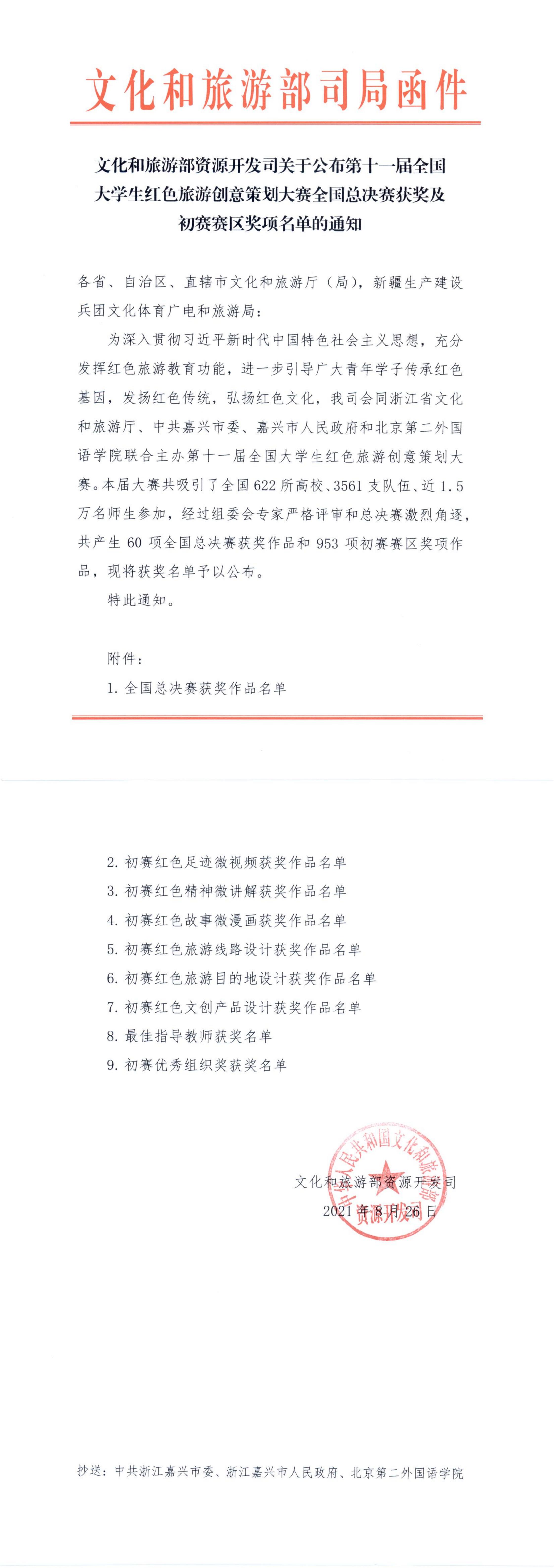 文化和旅游部资源开发司关于公布第十一届全国大学生红色旅游创意策划大赛全国总决赛获奖及初赛赛区奖项名单的通知_00.jpg